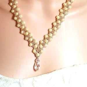 Handmade pearl and crystal necklace and earrings